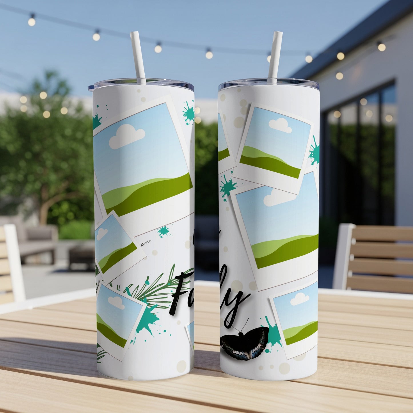 White tumbler with scattered photos of landscapes, teal splatters, and "Family" text.