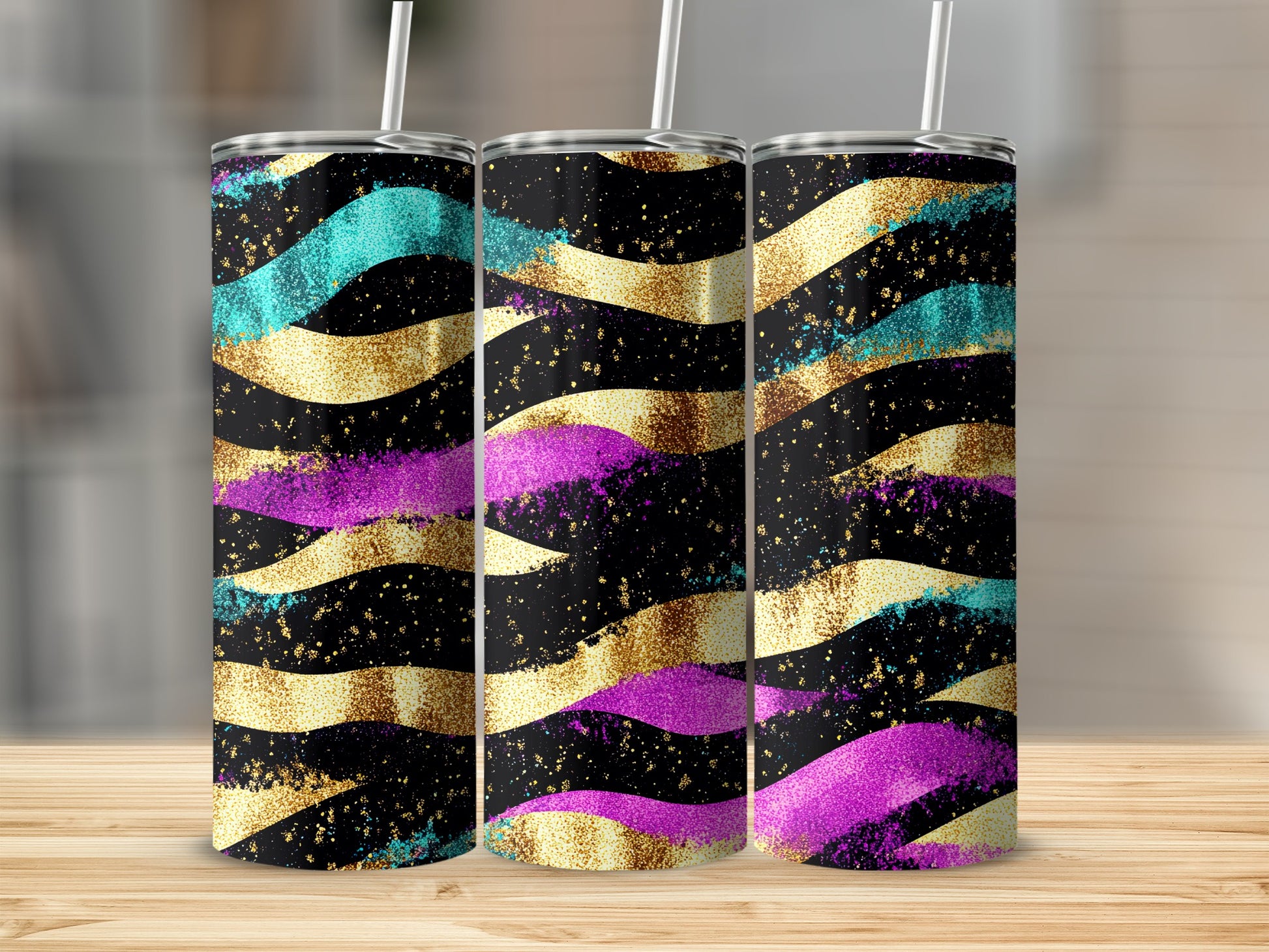 Colorful Glitter Waves Design Stainless Steel Tumbler