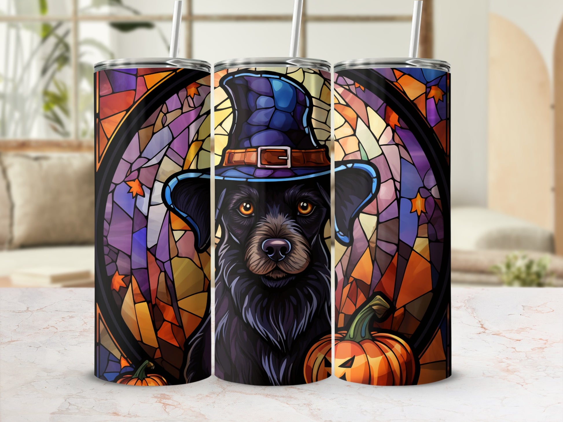 Black dog wearing a witch hat with a pumpkin on a stained-glass background.