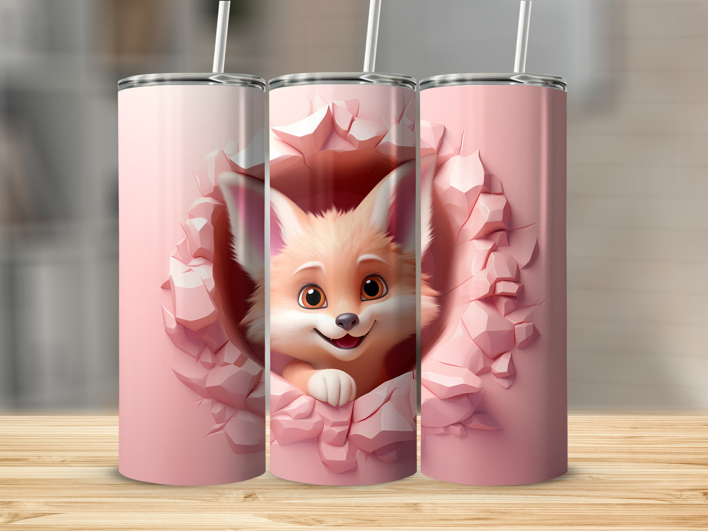 Cute Fox Cracked Wall Design Skinny Tumbler Cup