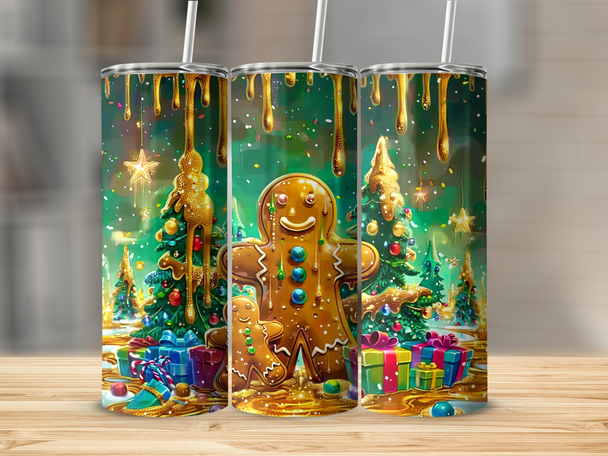 Gingerbread man and woman with gifts and Christmas trees, dripping gold.