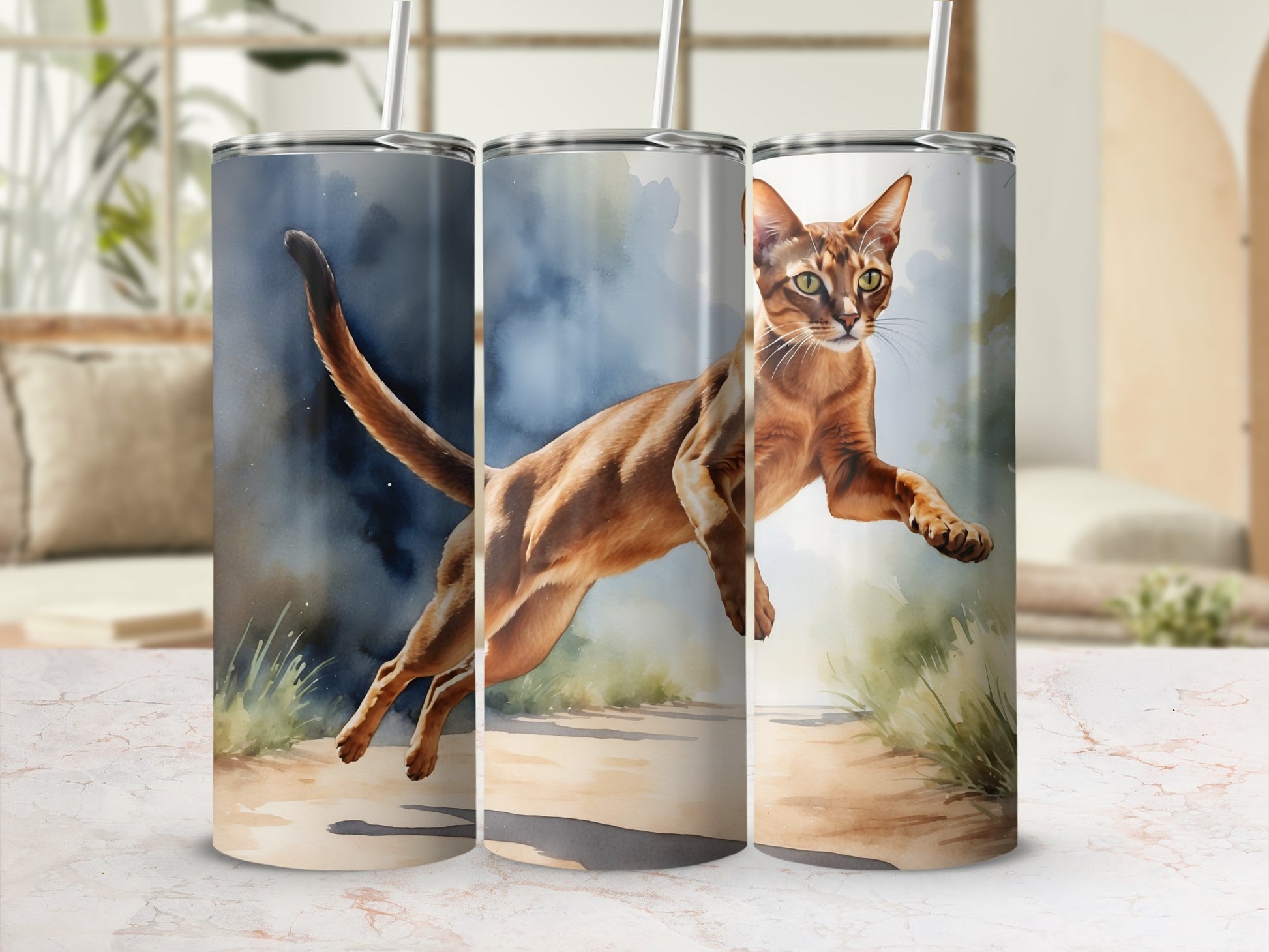 Watercolor Abyssinian cat leaping through a grassy, dusty landscape.