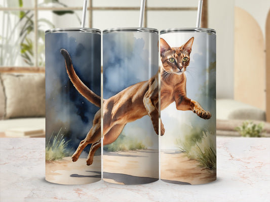 Watercolor Abyssinian cat leaping through a grassy, dusty landscape.
