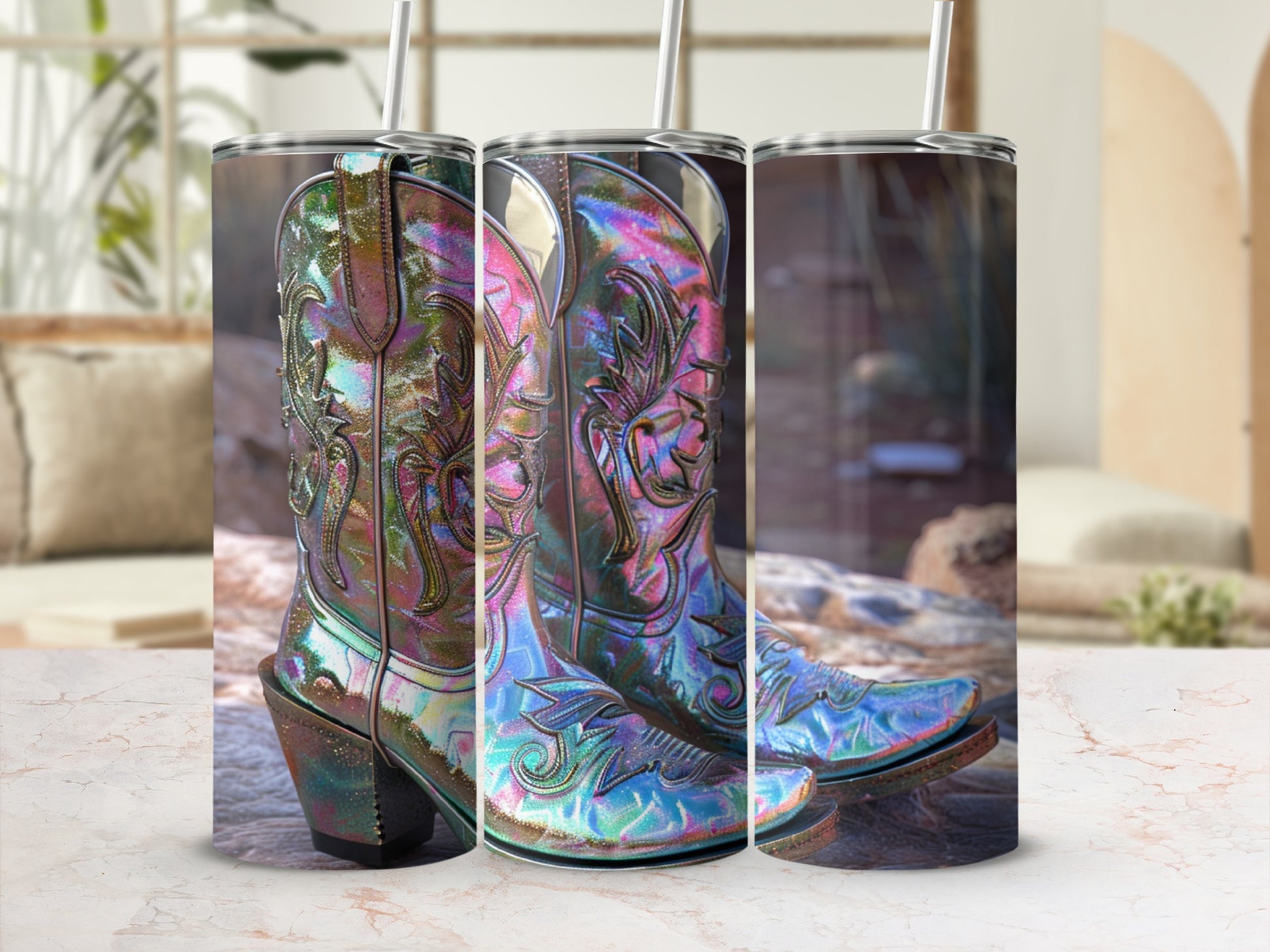 Iridescent cowboy boots with straws, displayed on a marbled surface.