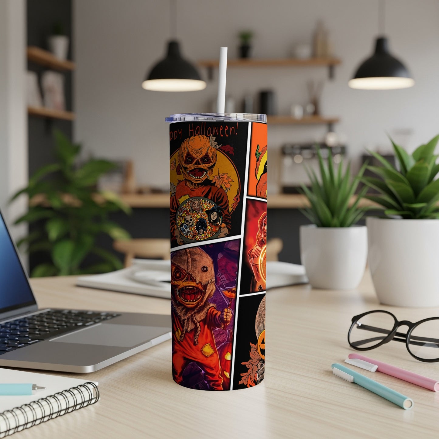 Tumbler with Halloween horror characters and "Happy Halloween!" text.