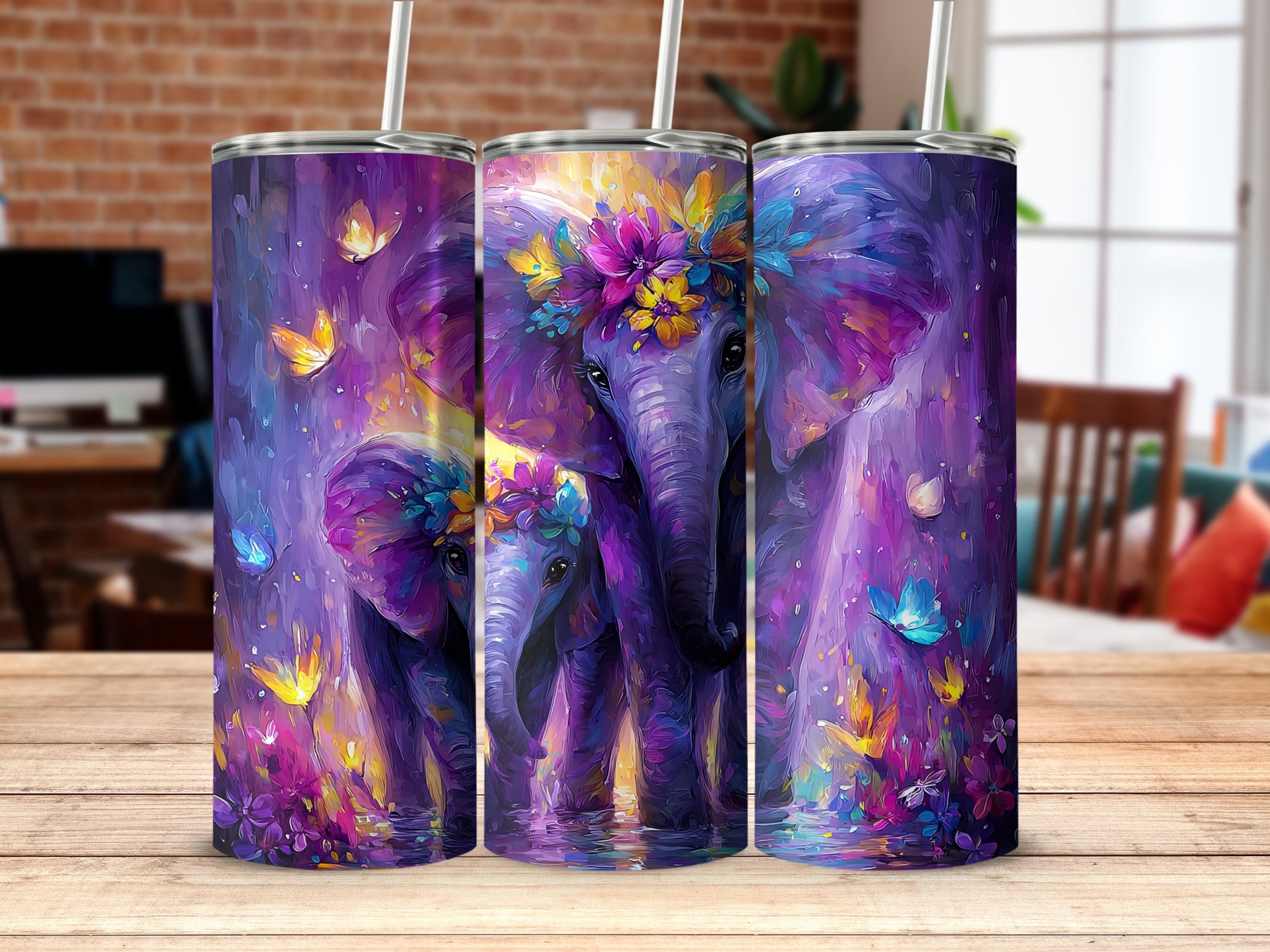 Colorful Elephant Design Tumbler with Floral Accents