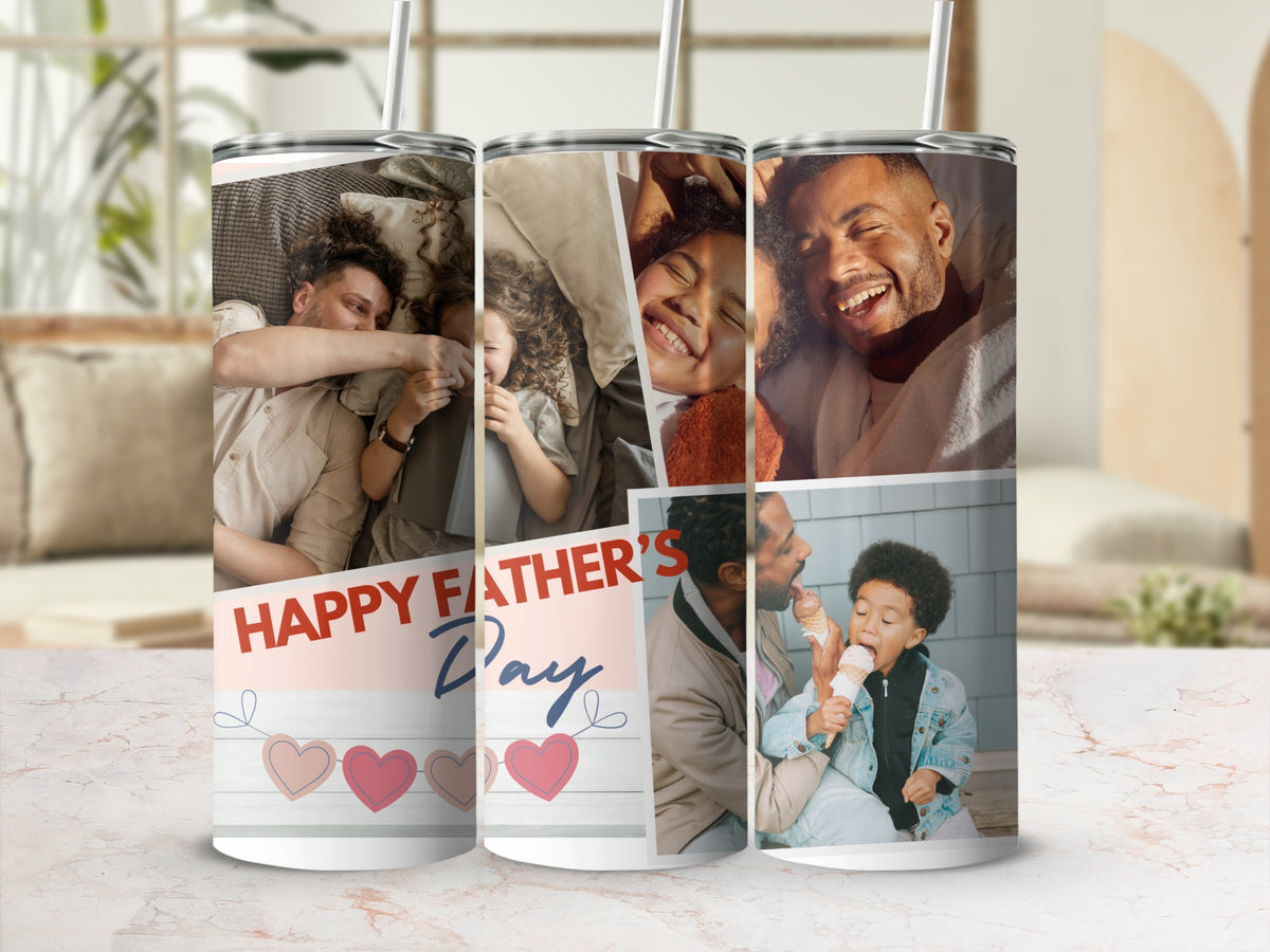 Collage of family photos with "Happy Father's Day" text and heart garland.