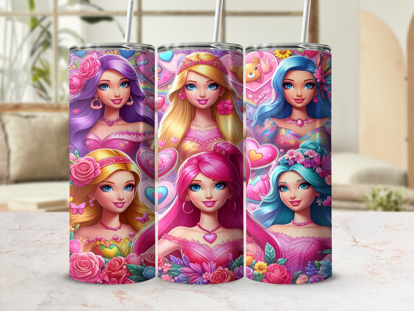 Six cartoon-style girls with bright hair and floral decorations on tumblers.