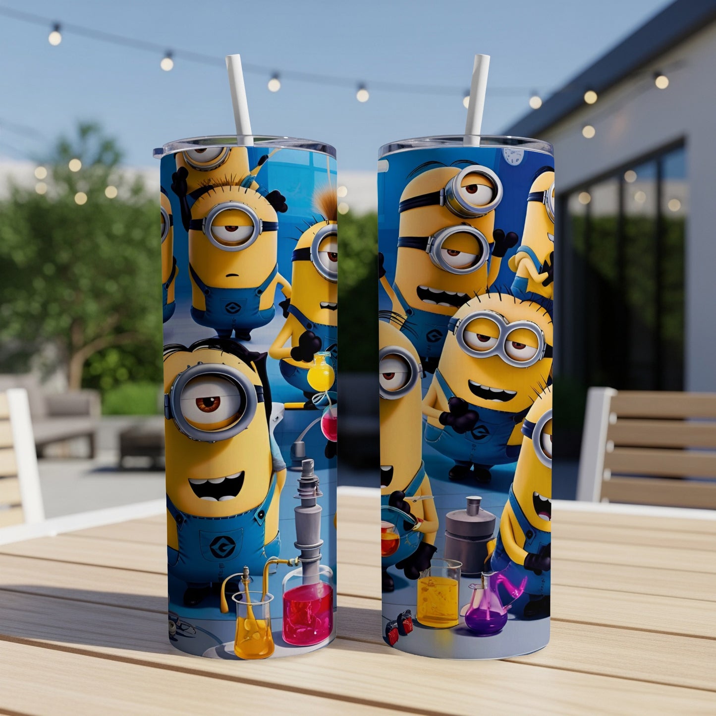 Two Minion-themed tumblers with characters and liquid beakers on a table.