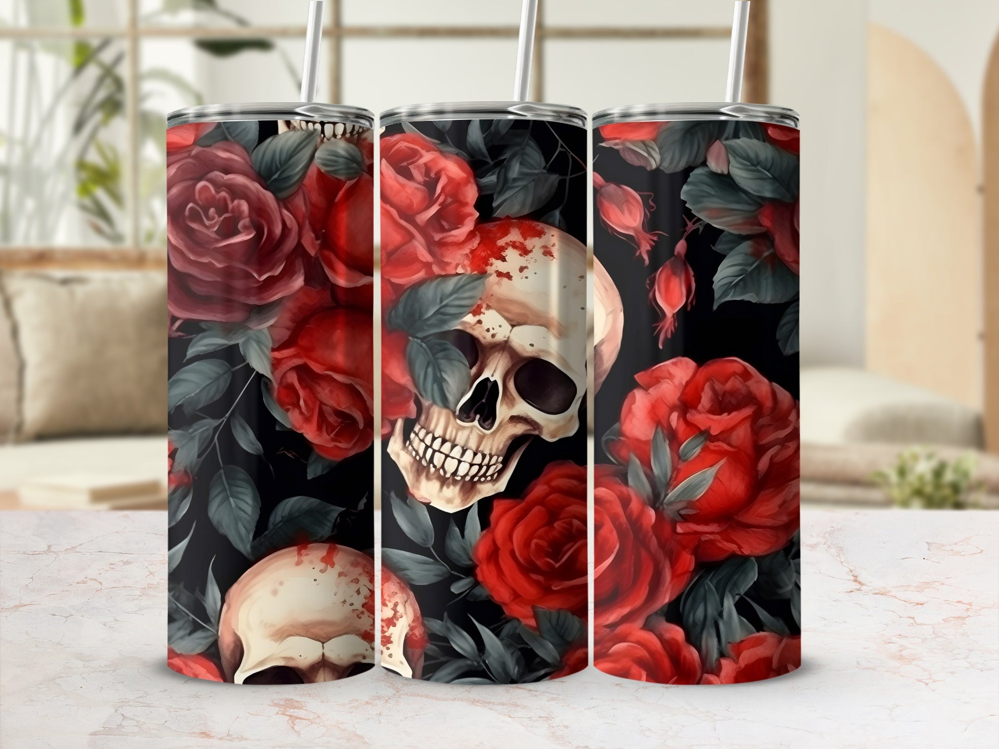 Skull and red roses pattern on a black background, shown on three tumblers.