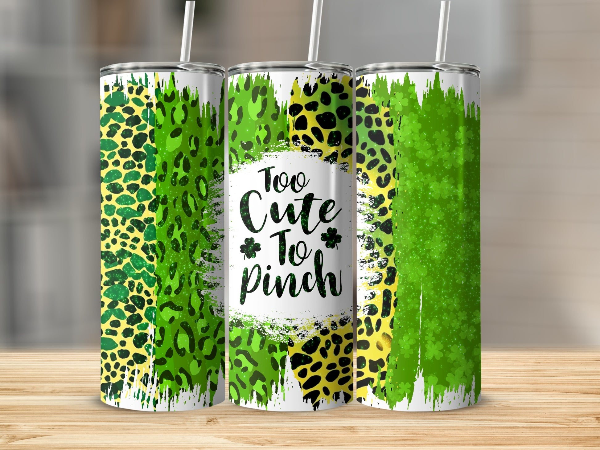 Green and yellow leopard print tumbler with "Too Cute To Pinch" text.