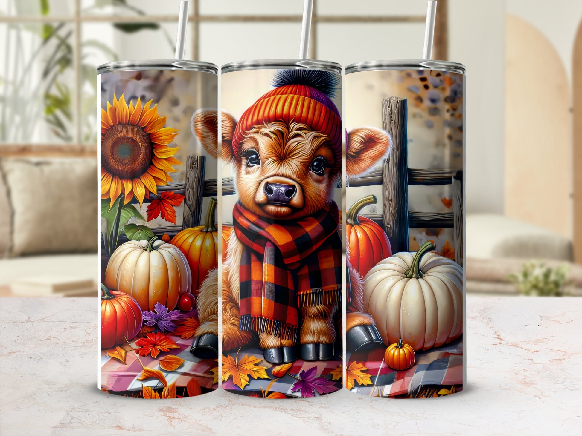 Cow wearing scarf and hat with pumpkins and sunflowers.