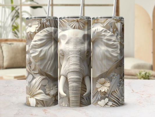 Triptych of insulated tumblers featuring a detailed ivory elephant head surrounded by floral elements.