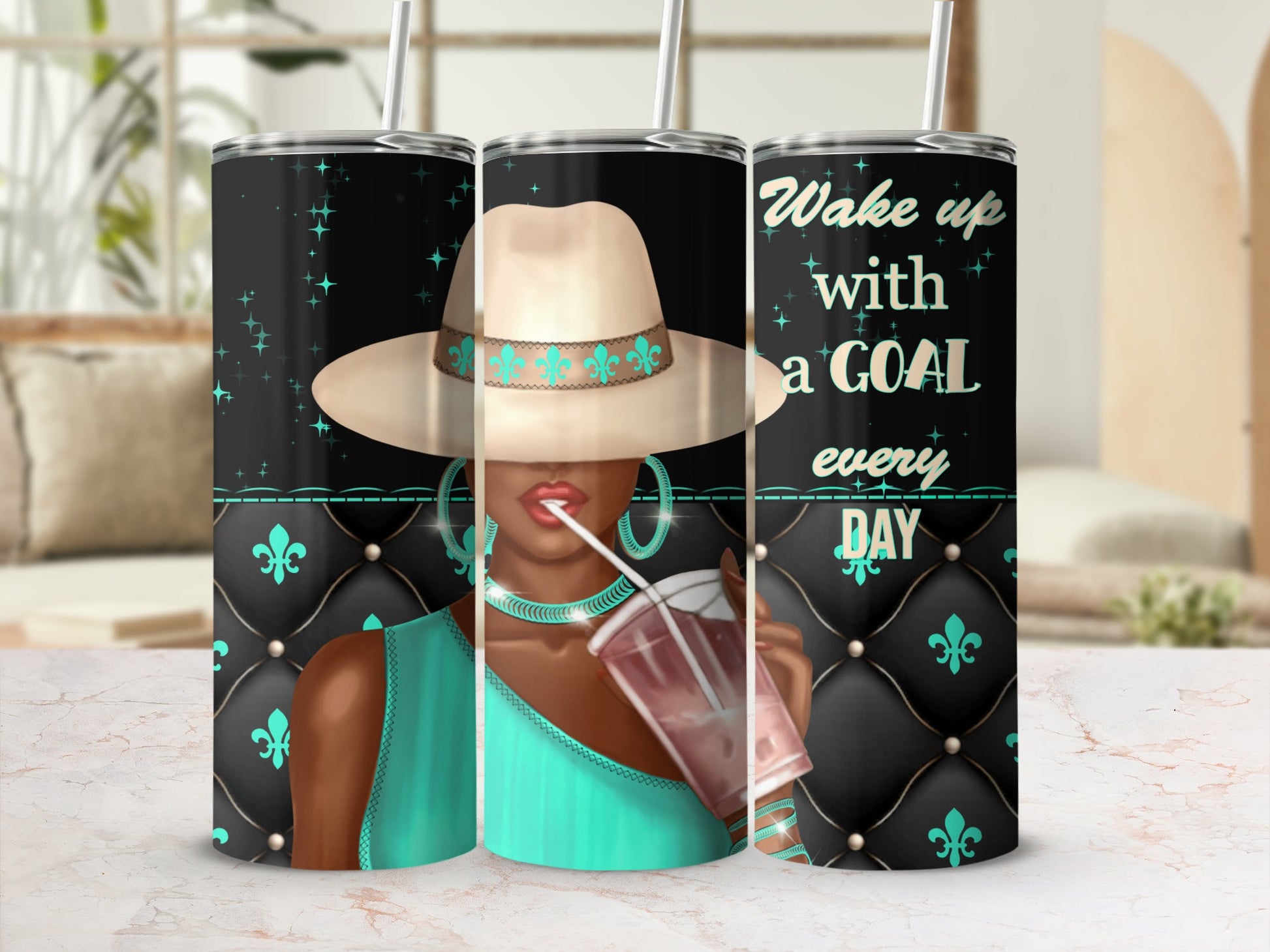 Woman in hat holding drink with motivational quote "Wake up with a GOAL every DAY".