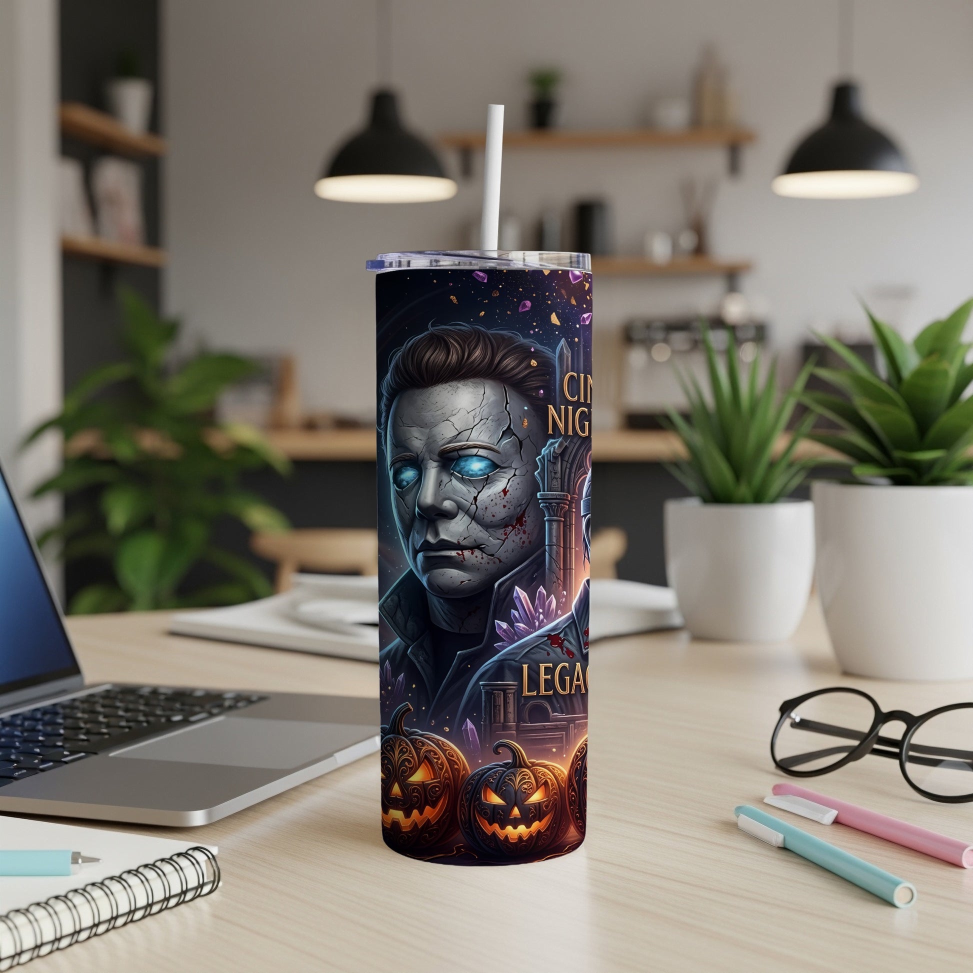 Tumbler with Michael Myers, jack-o'-lanterns, and crystals.