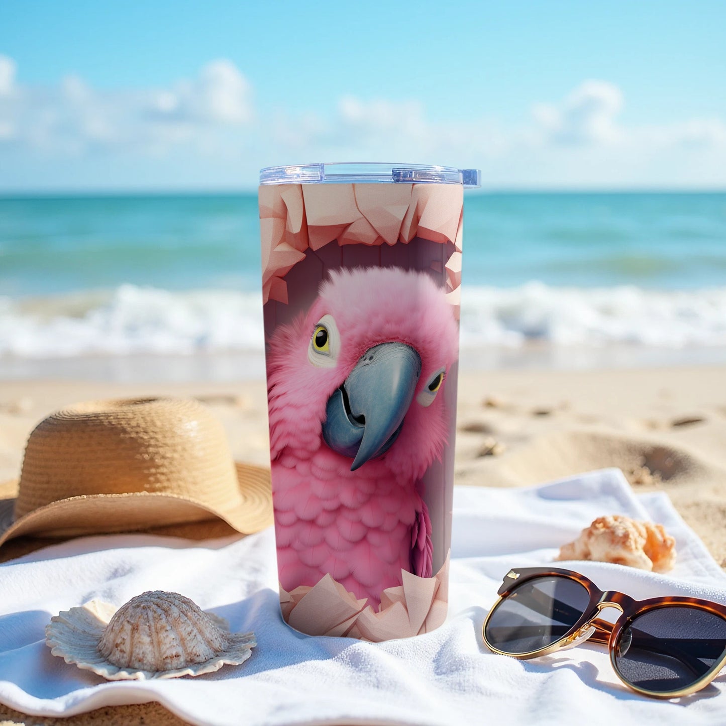 Tropical Pink Parrot Unveiling Design Oceanfront Tumbler product type
Tumbler
Travel mug
Insulated cup
Pink parrot
Cockatoo design
Bird art
Tropical bird
Hatchling parrot
Unique design
Beach scene
Ocean view
Summer drinkware
Animal print
Wildlife art
Drink container
Gift idea
Custom tumbler
Vibrant print
Nature theme
Exotic bird