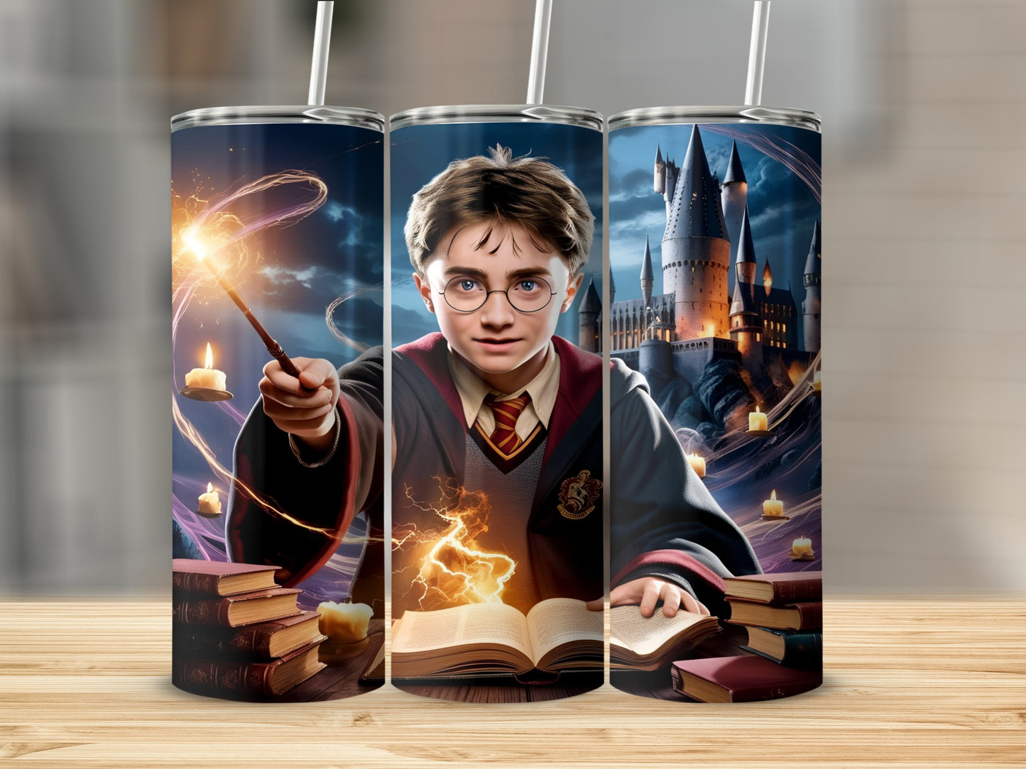 Harry Potter casting a spell from an open book in front of Hogwarts castle.