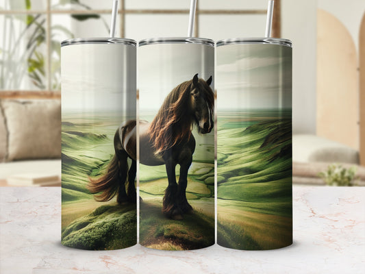 Dark horse with flowing mane in a rolling green landscape.