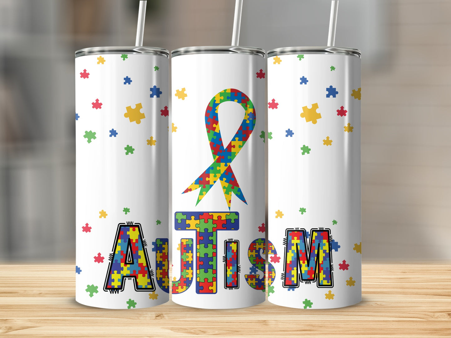 Colorful Autism Awareness Tumbler with Puzzle Pieces