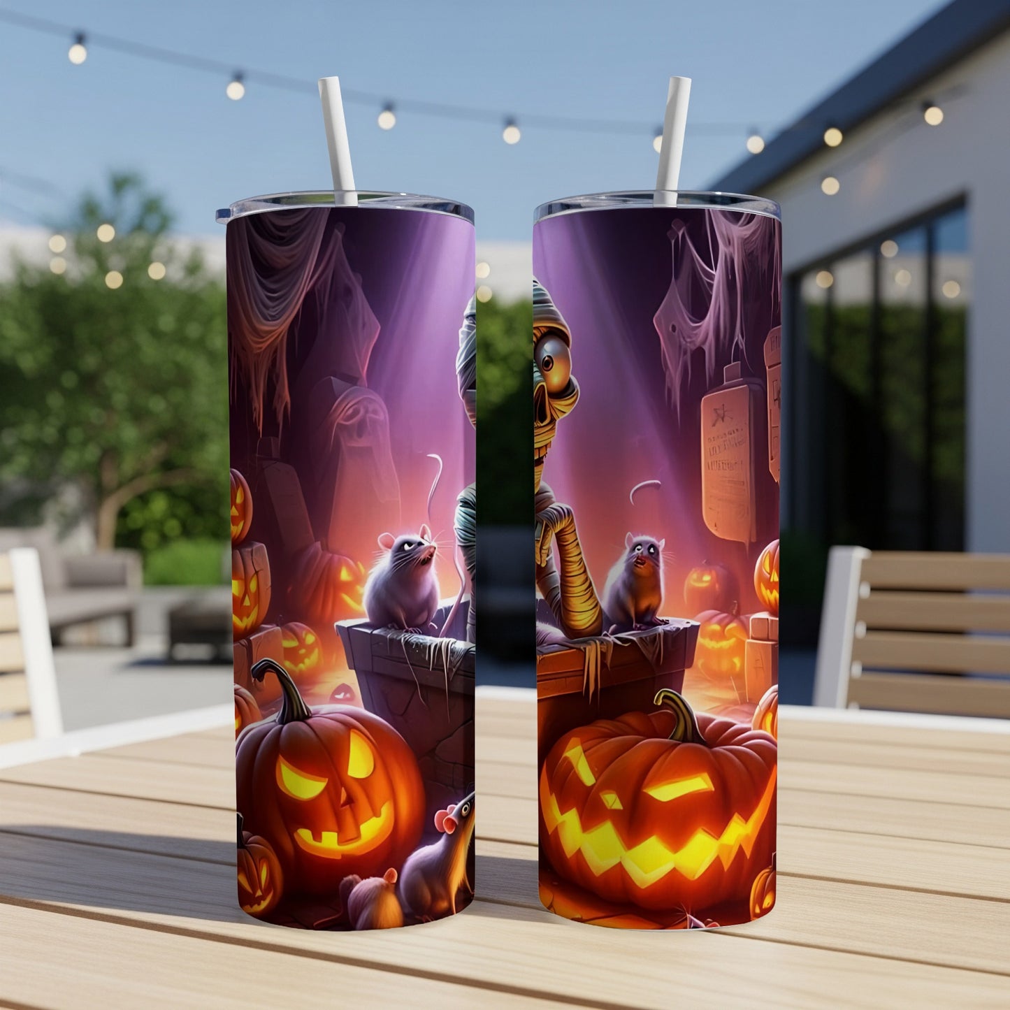 Two tumblers with a spooky Halloween mummy, rats, and jack-o'-lanterns design.