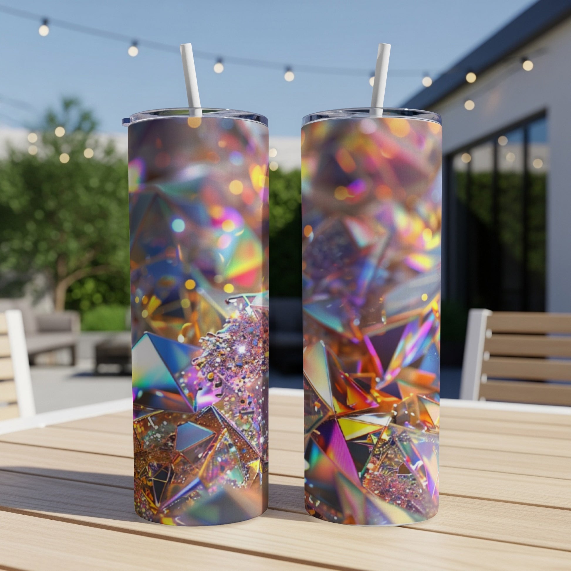 Two colorful, faceted gem-like designs on tumblers with straws.