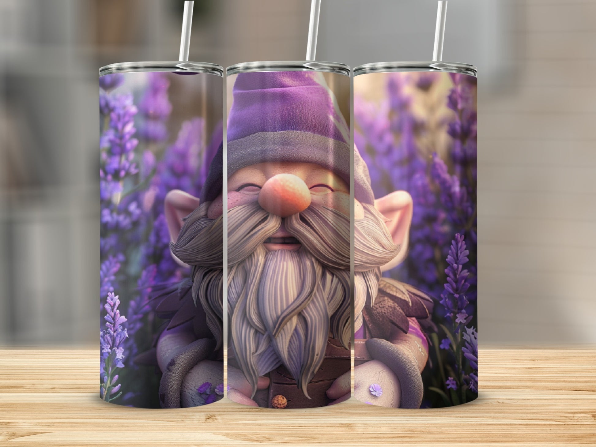 Gnome in purple hat with beard surrounded by lavender.