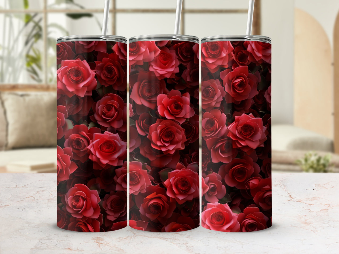 Three tumblers with a dark red rose floral pattern.