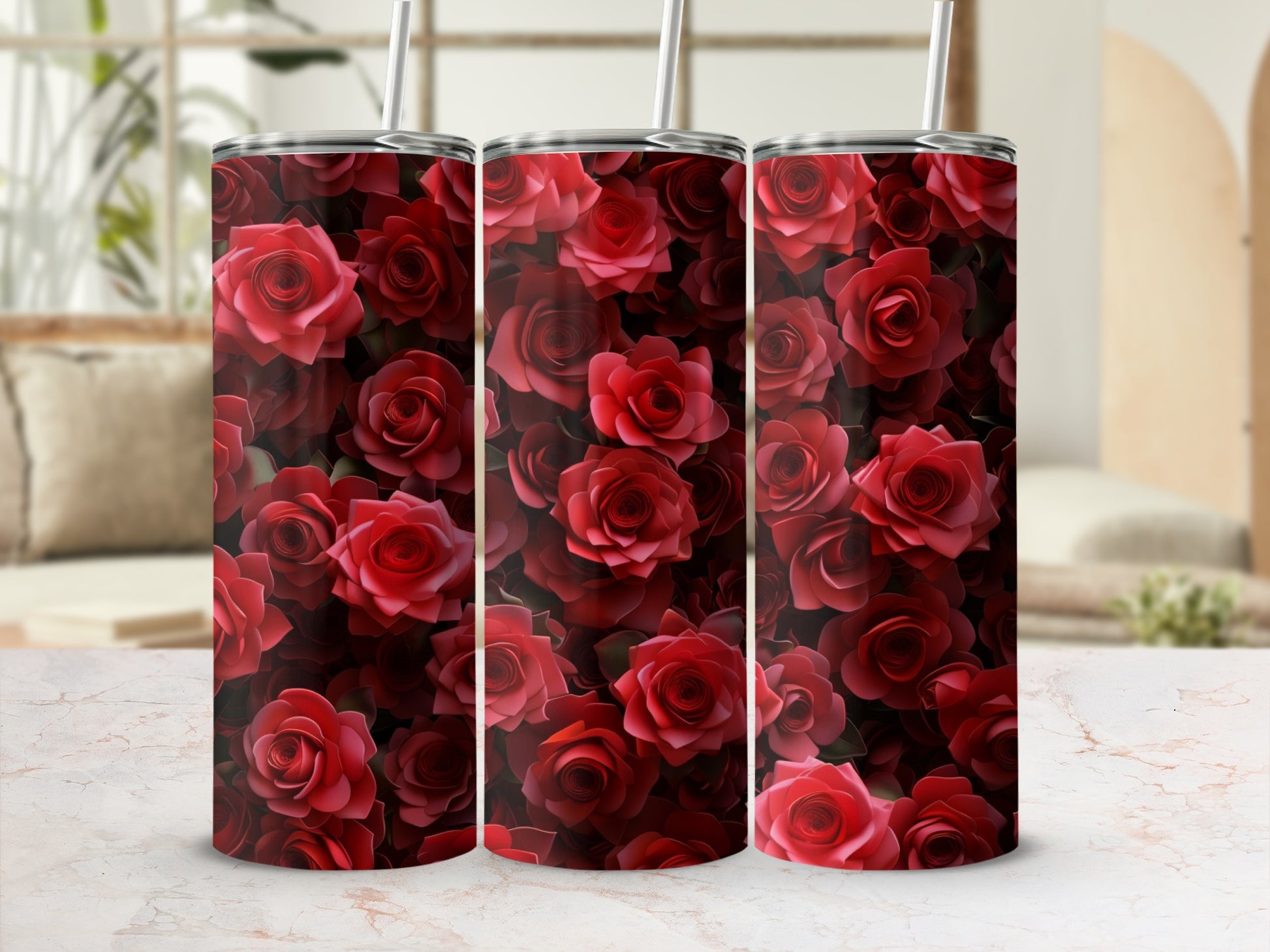 Three tumblers with a dark red rose floral pattern.