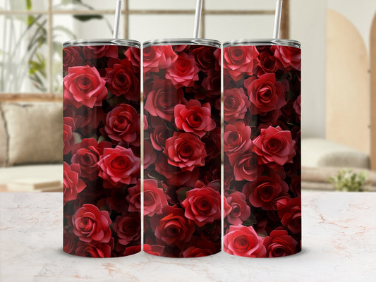 Three tumblers with a dark red rose floral pattern.
