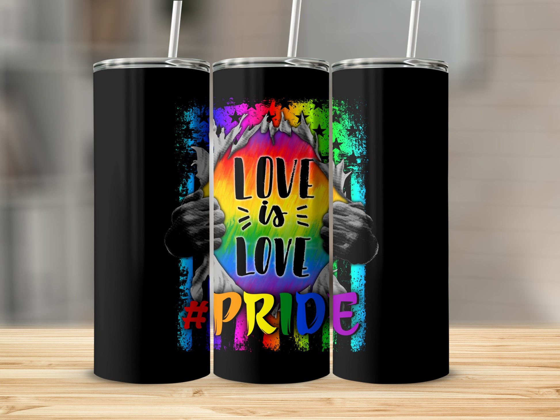 Black tumbler with rainbow pride flag design showing "Love is Love #Pride".