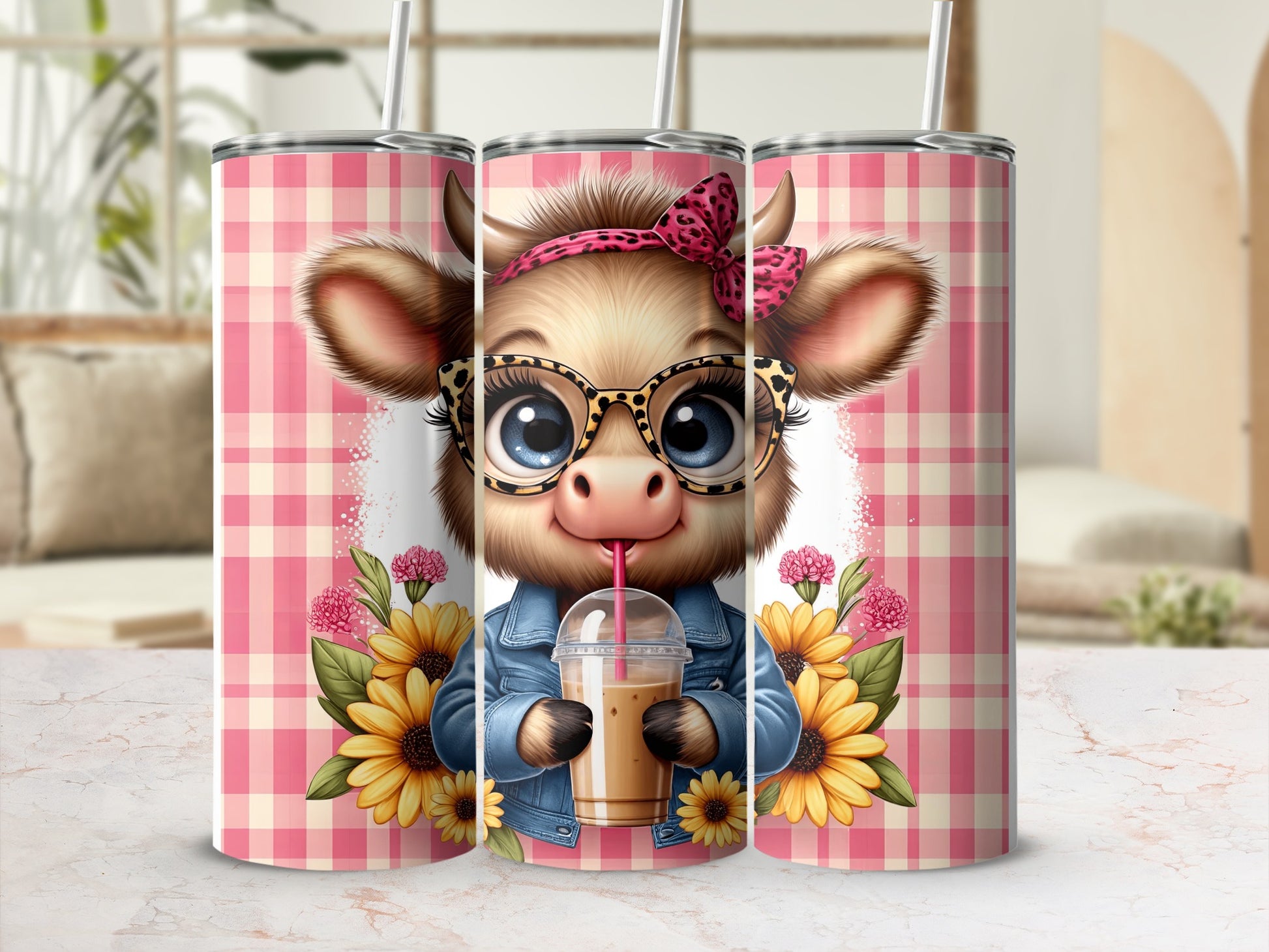Cute cartoon cow wearing glasses and drinking from a tumbler.