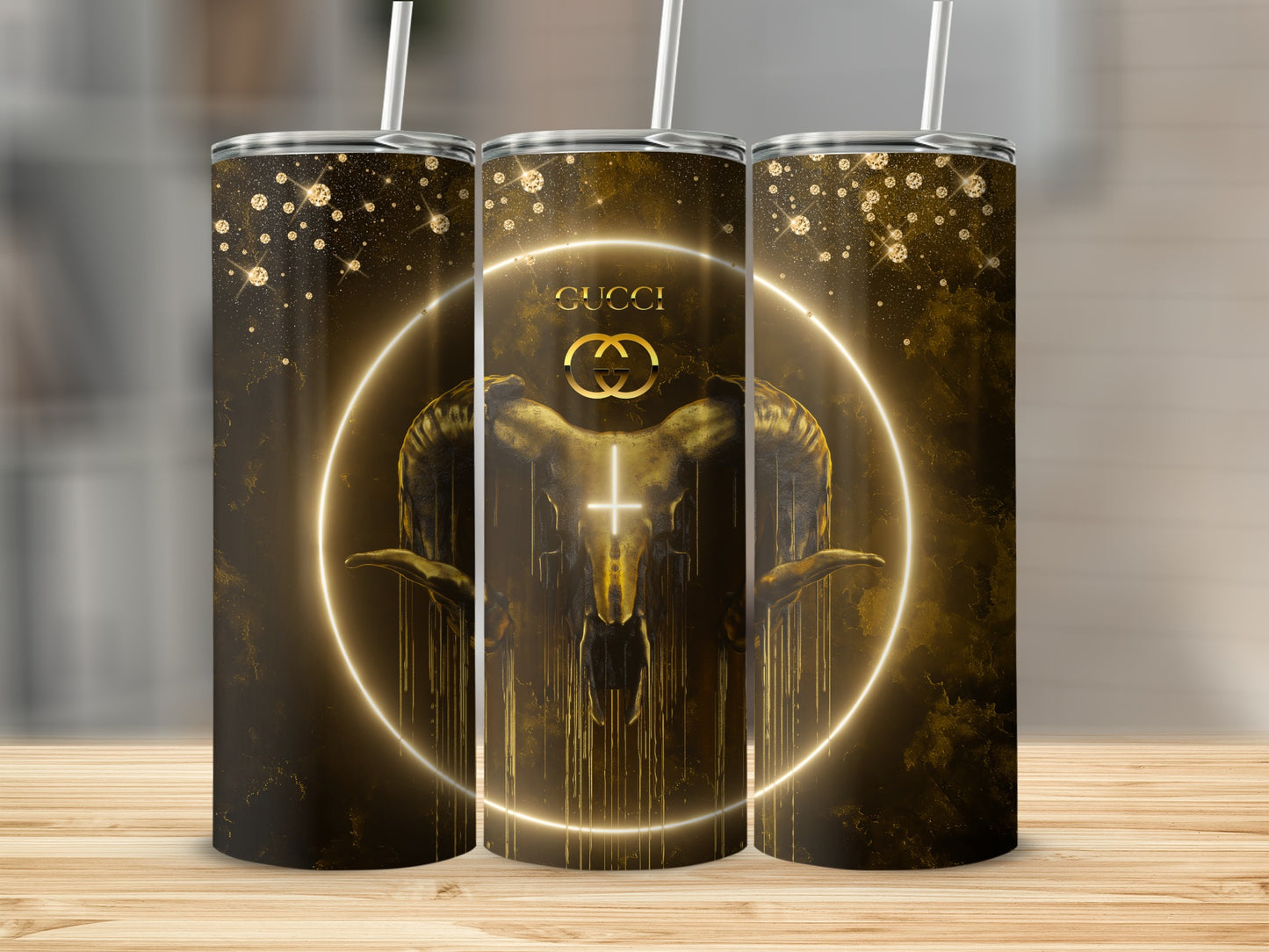 Mystical Ram Art Tumbler with Starry Background