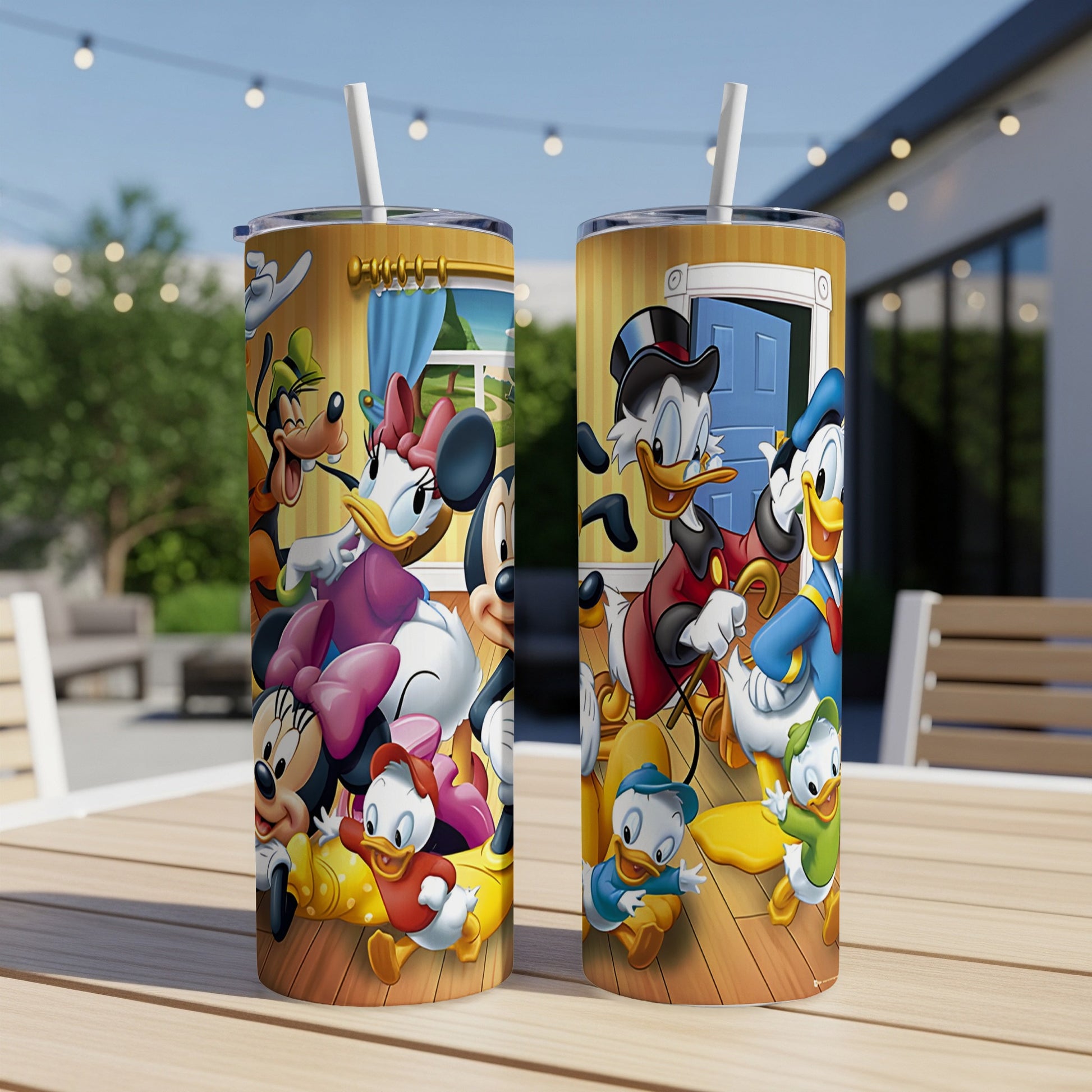Disney characters including Mickey, Minnie, Donald, and Goofy on a patterned tumbler.