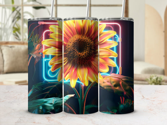 Sunflower design on three reusable tumblers with straws.