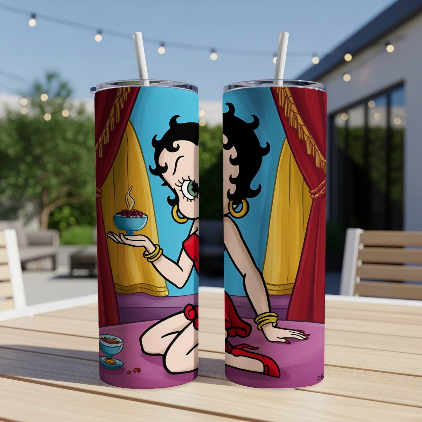 Betty Boop holding a bowl of red cherries on a blue background.