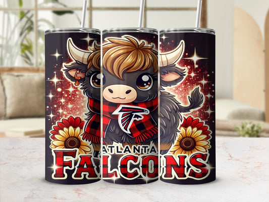 Atlanta Falcons tumbler with a cartoon bull wearing a scarf and sunflowers.