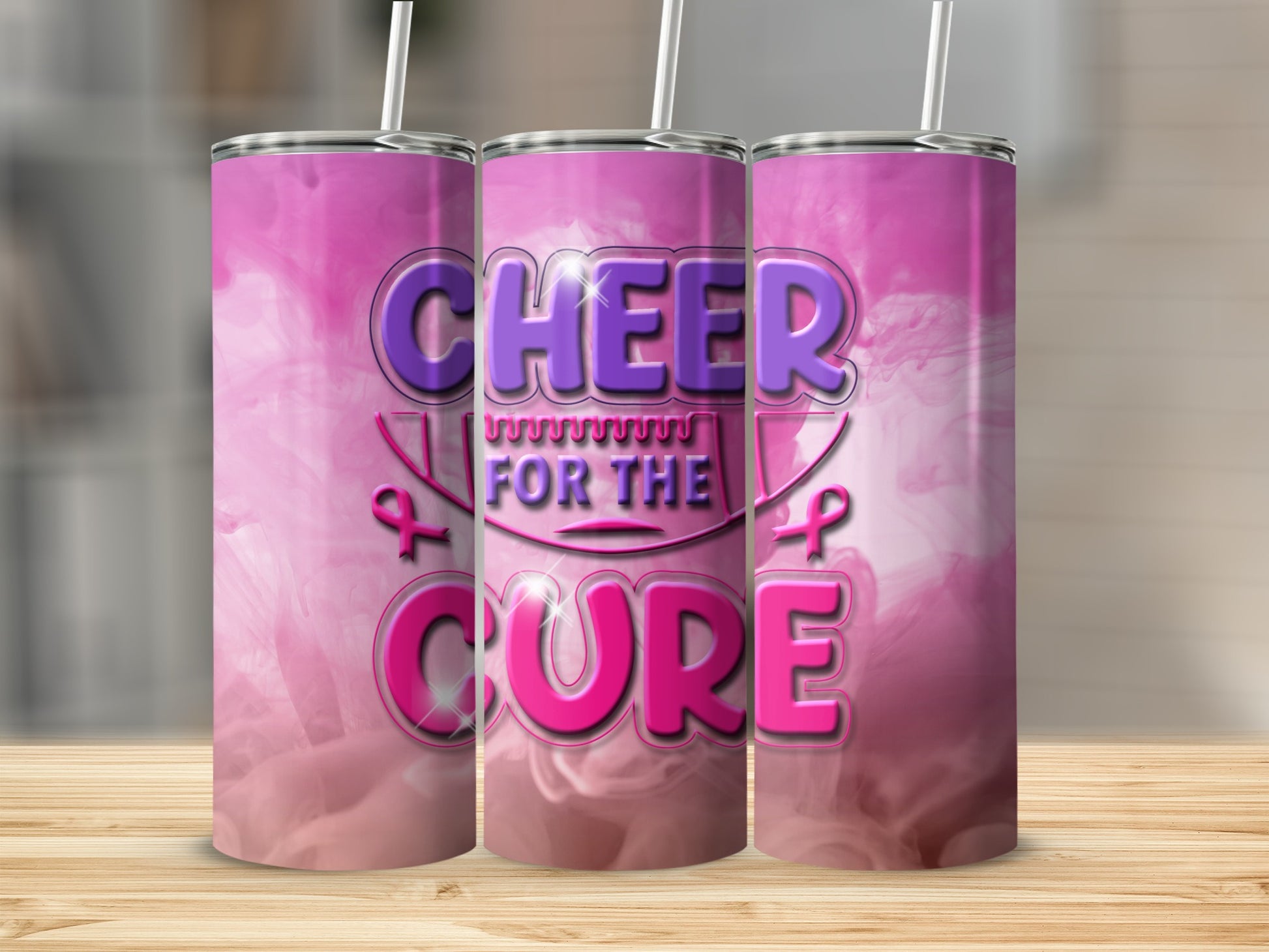 Tumbler with "Cheer for the Cure" text and pink ribbon graphics.