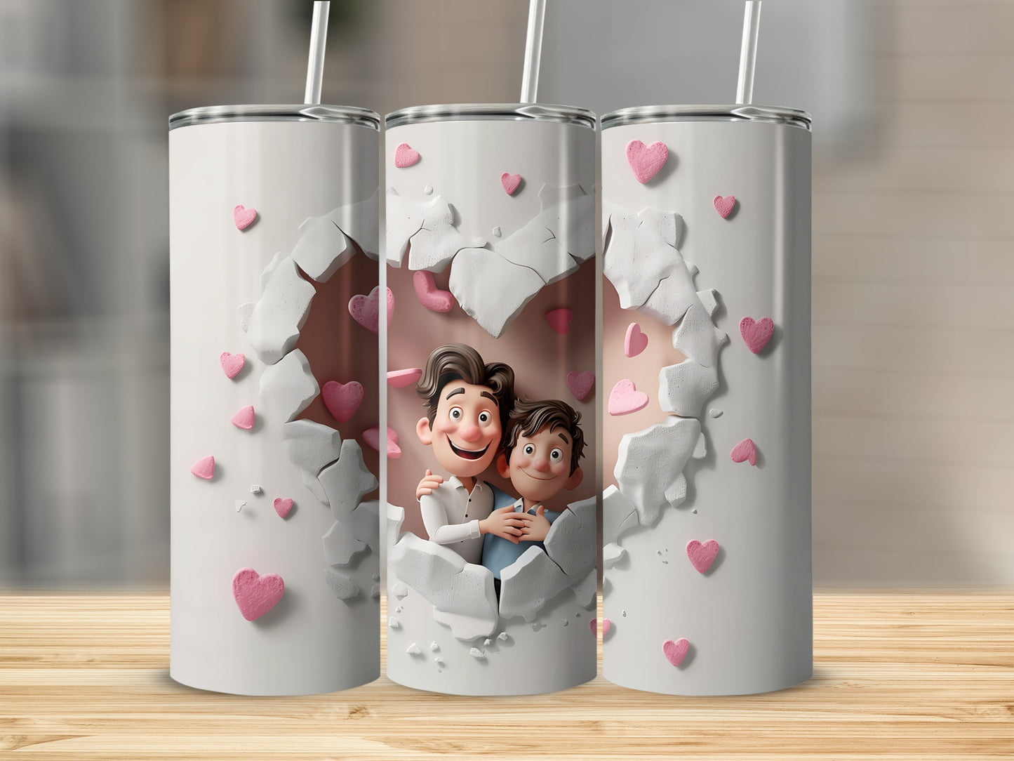 Two cartoon men emerging from a broken heart design on three tumblers.