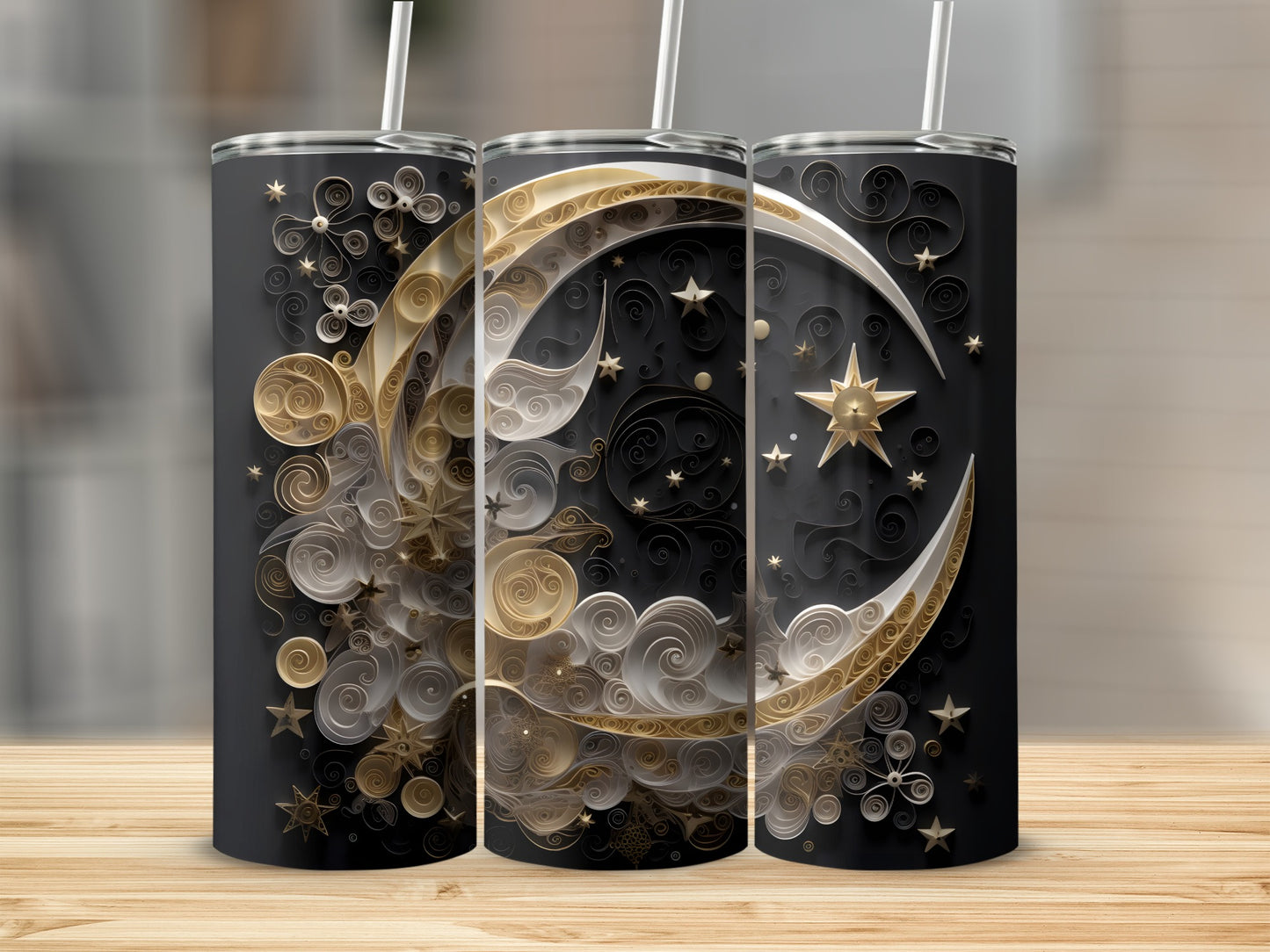 Three tumblers with a celestial crescent moon and star design.