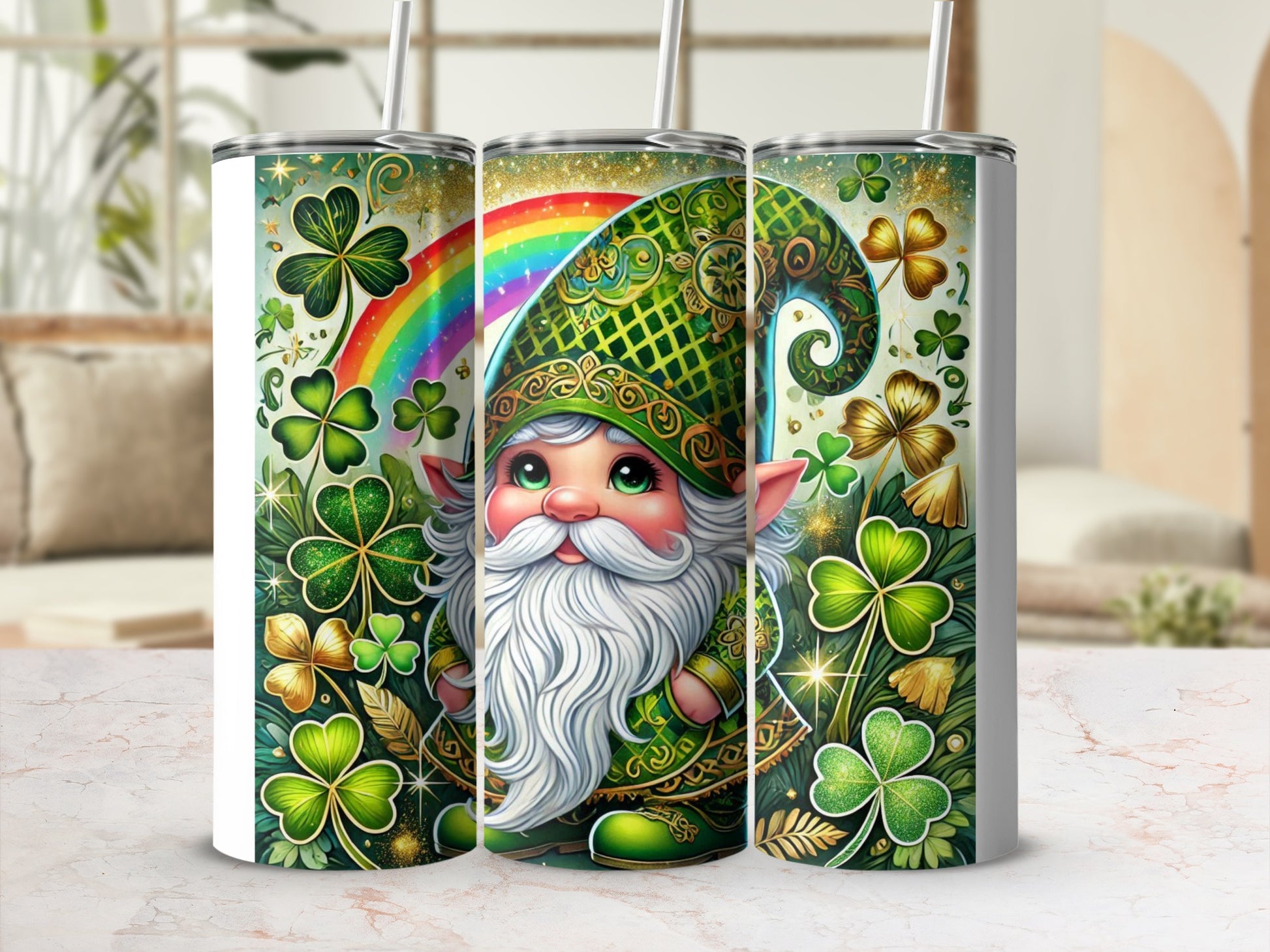 Green gnome with rainbow and shamrocks on a cylindrical tumbler.