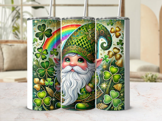 Green gnome with rainbow and shamrocks on a cylindrical tumbler.