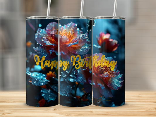 Three tumblers with floral designs and "Happy Birthday" text.