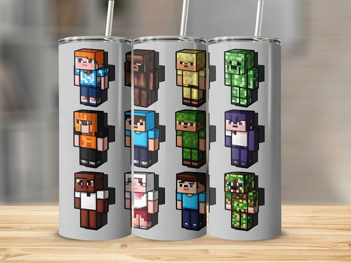 Minecraft character designs in colorful pixel art on a tumbler.