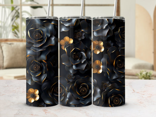 Three black floral tumblers with gold accents and straws.