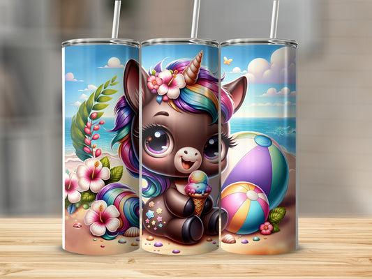 Unicorn with rainbow mane holding ice cream on a beach with colorful ball.