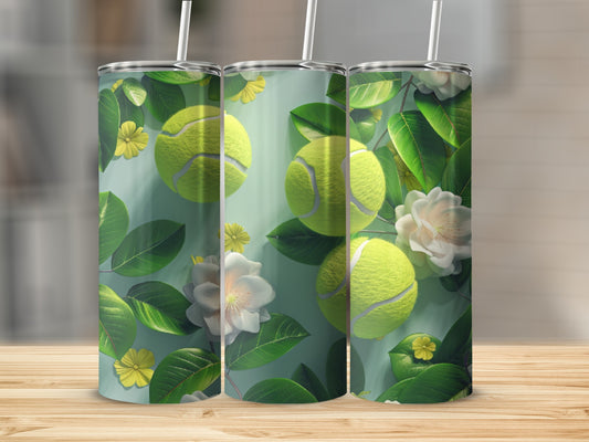 Tennis balls and flowers pattern on three tumblers.