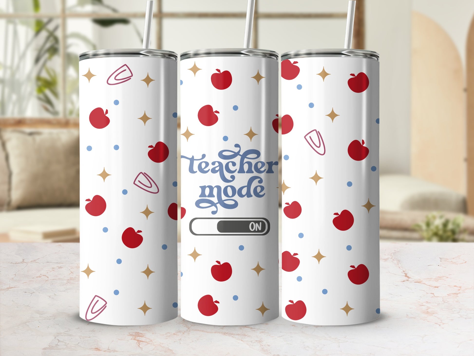 Teacher Mode tumbler with apples, stars, and paperclip icons.