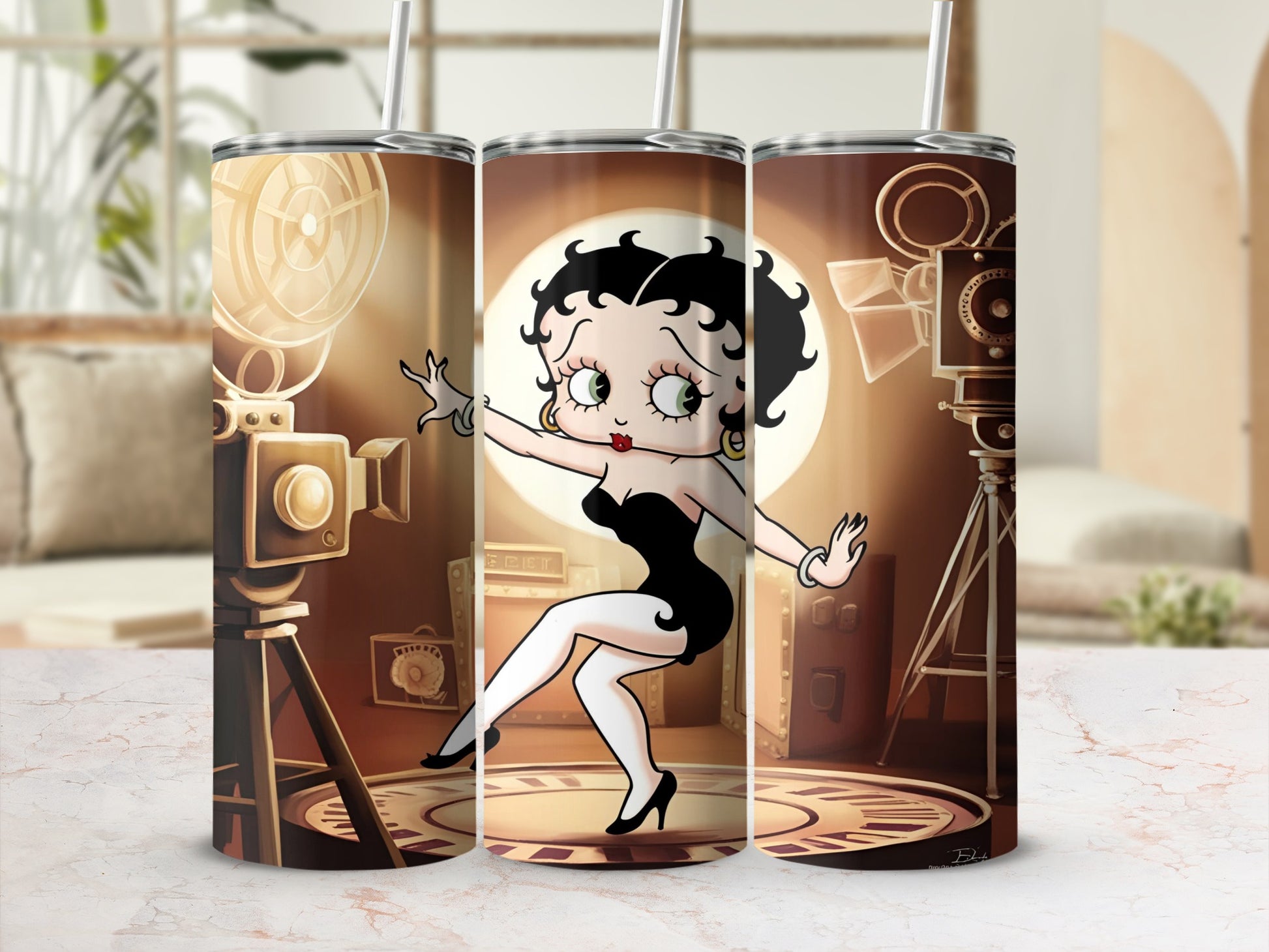 Betty Boop in a black dress on a spotlighted stage with film projectors.