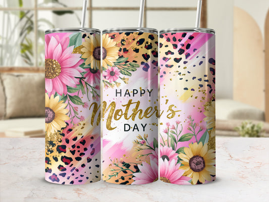Mother's Day tumbler with sunflowers, leopard print, and gold glitter accents.
