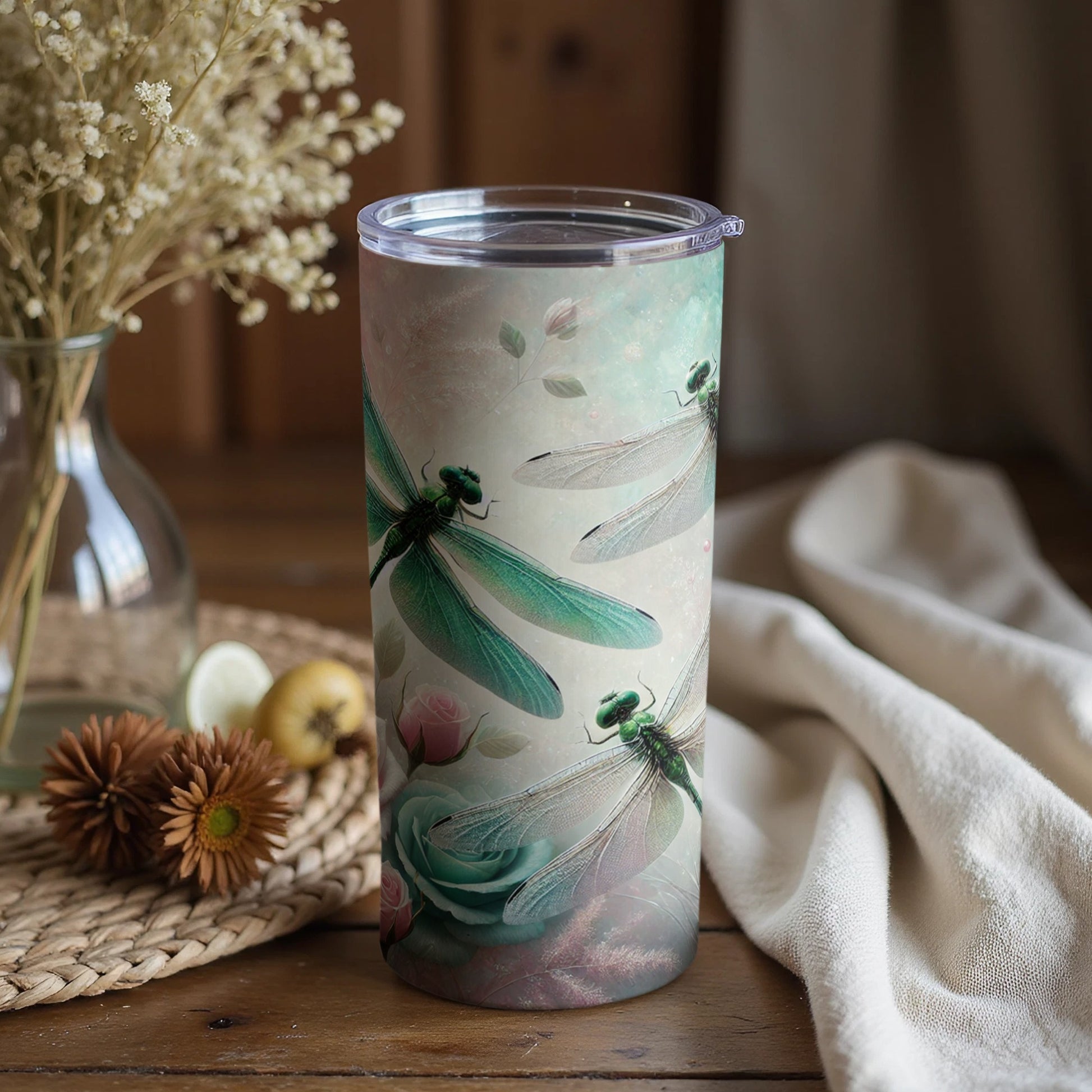 Elegant Dragonfly and Floral Design Tumbler Cup